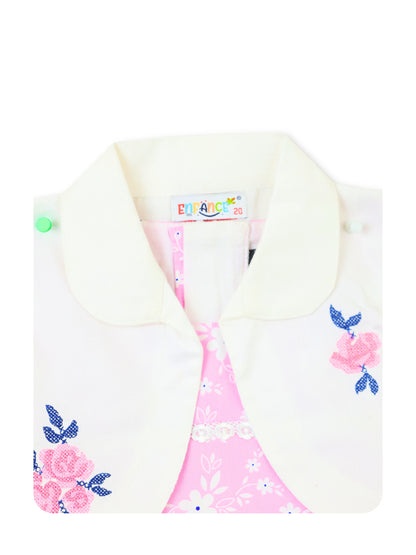Enfance Floral Printed Dress With Half Sleeves Embroidered Jacket - Pink