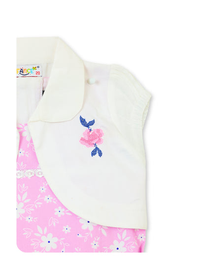 Enfance Floral Printed Dress With Half Sleeves Embroidered Jacket - Pink