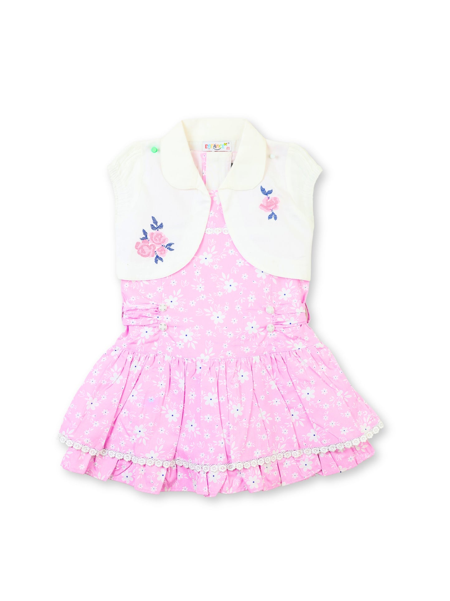 Enfance Floral Printed Dress With Half Sleeves Embroidered Jacket - Pink