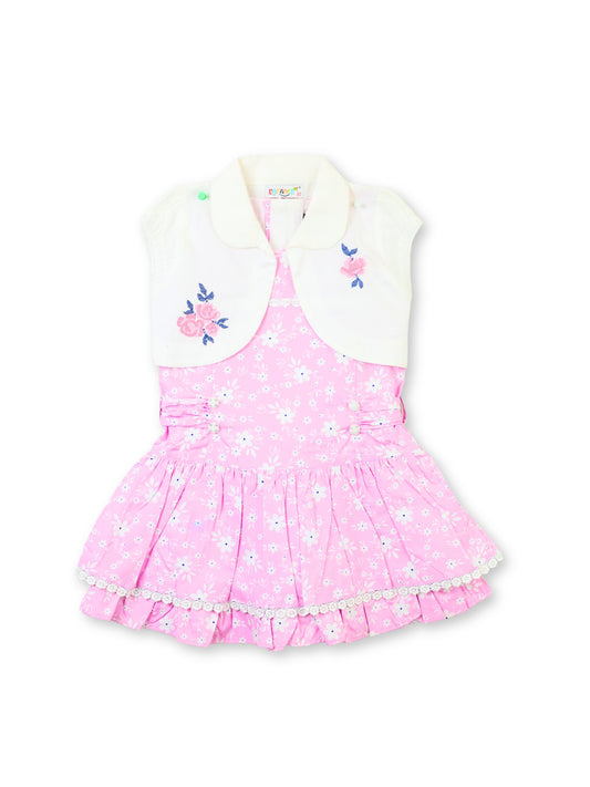 Enfance Floral Printed Dress With Half Sleeves Embroidered Jacket - Pink