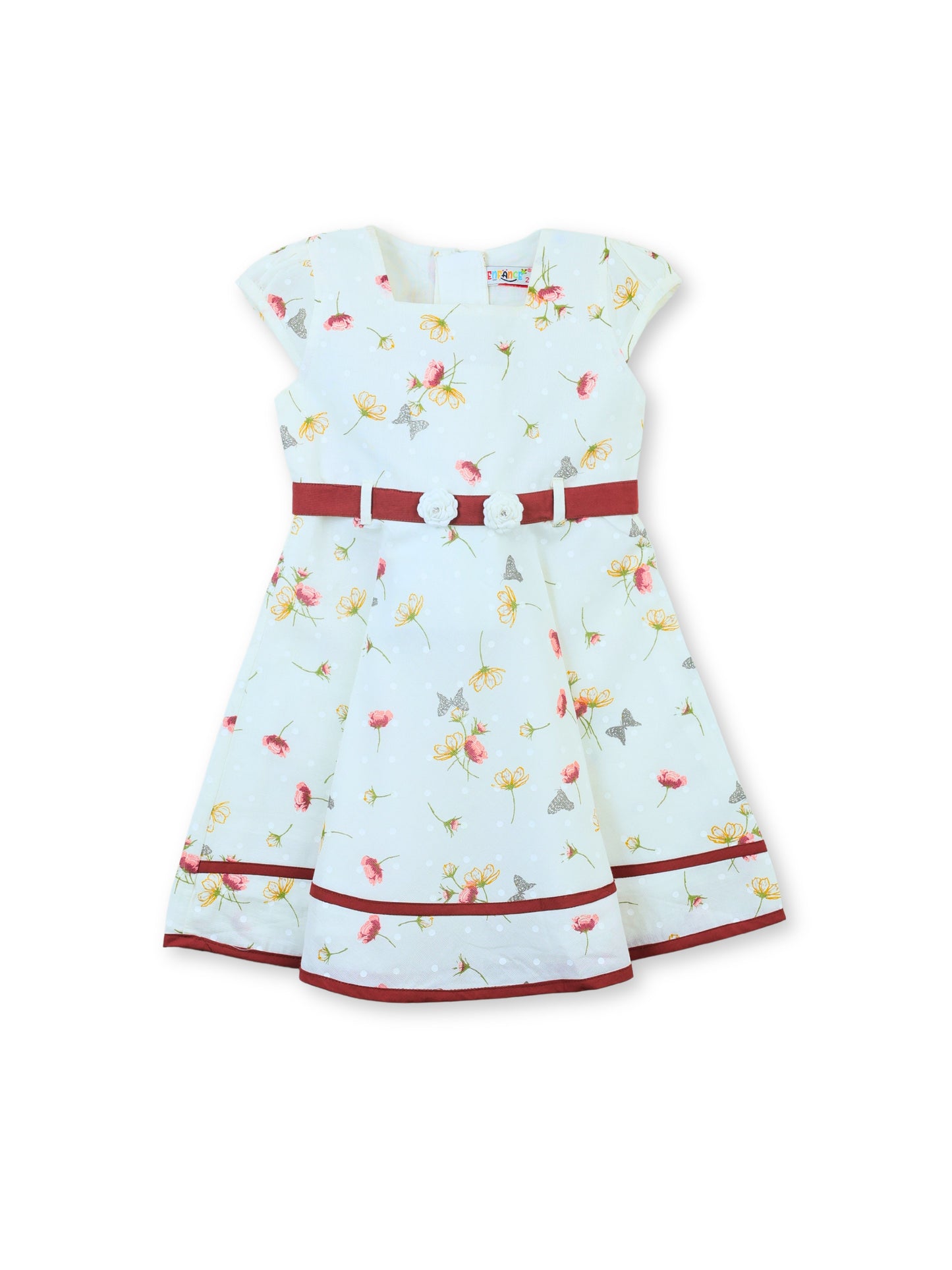 Enfance Floral Printed Dress With Short Sleeves Butterfly Embellishments - Brown