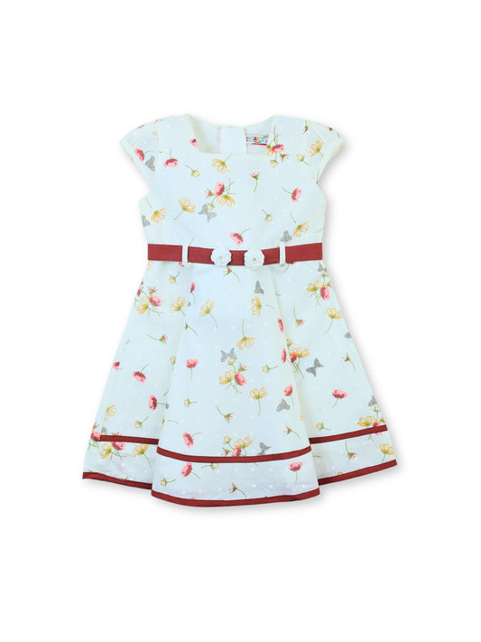 Enfance Floral Printed Dress With Short Sleeves Butterfly Embellishments - Brown