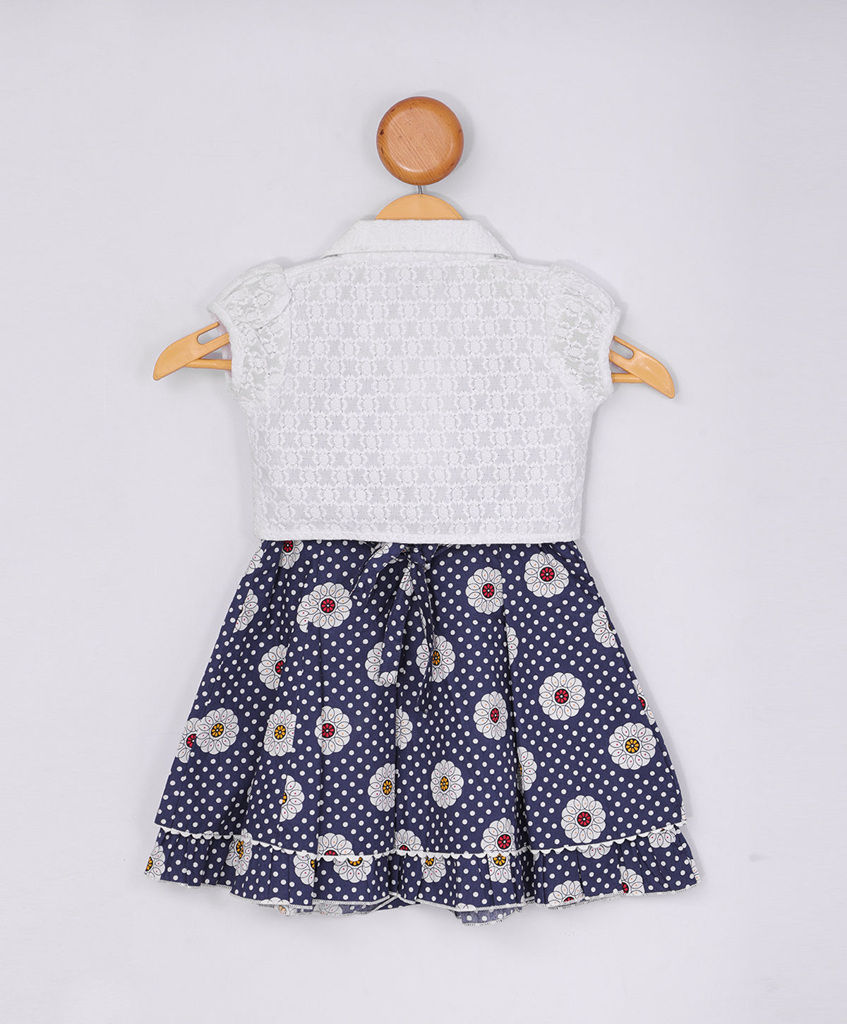 Enfance Half Sleeves Printed With Box Pleated Dress & Jacket-Navy