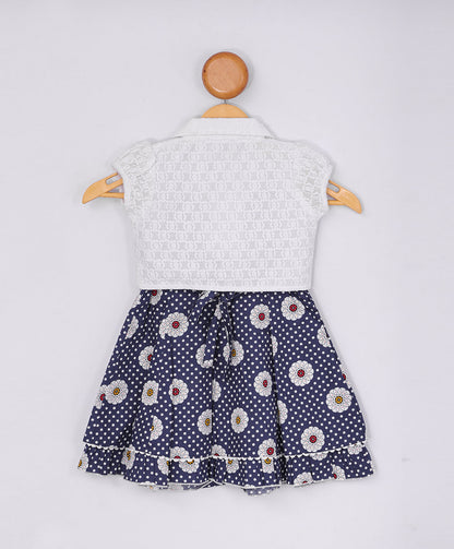 Enfance Half Sleeves Printed With Box Pleated Dress & Jacket-Navy