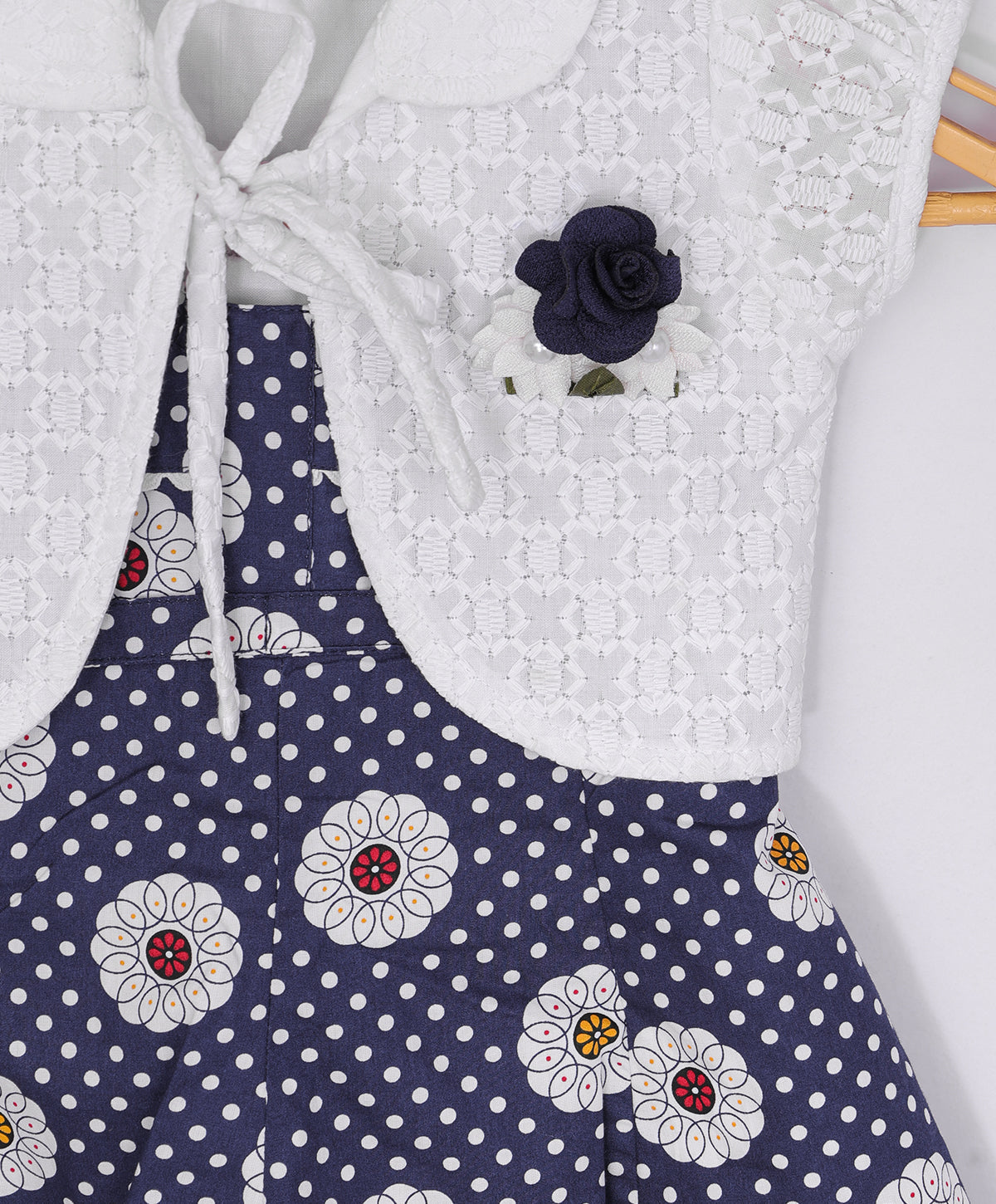 Enfance Half Sleeves Printed With Box Pleated Dress & Jacket-Navy