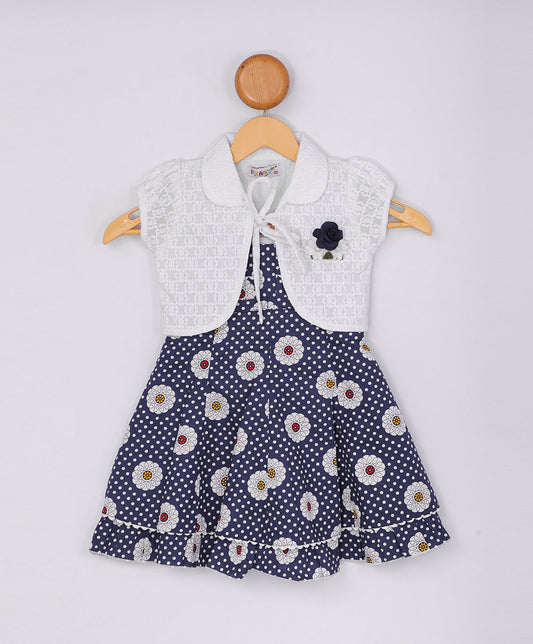 Enfance Half Sleeves Printed With Box Pleated Dress & Jacket-Navy