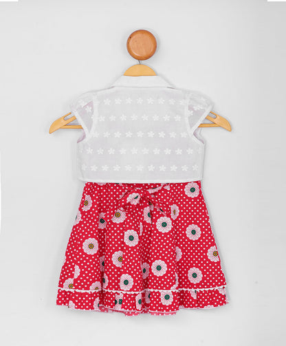 Enfance Half Sleeves Printed With Box Pleated Dress & Jacket-Red