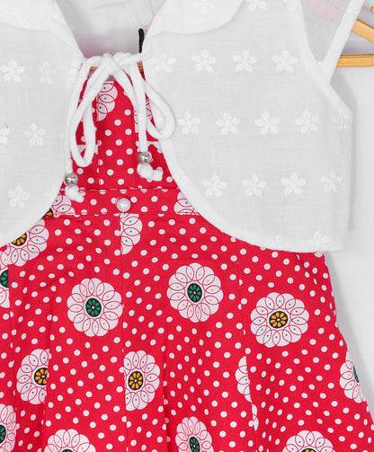 Enfance Half Sleeves Printed With Box Pleated Dress & Jacket-Red