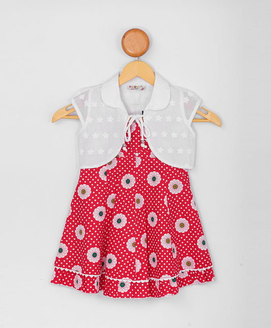 Enfance Half Sleeves Printed With Box Pleated Dress & Jacket-Red