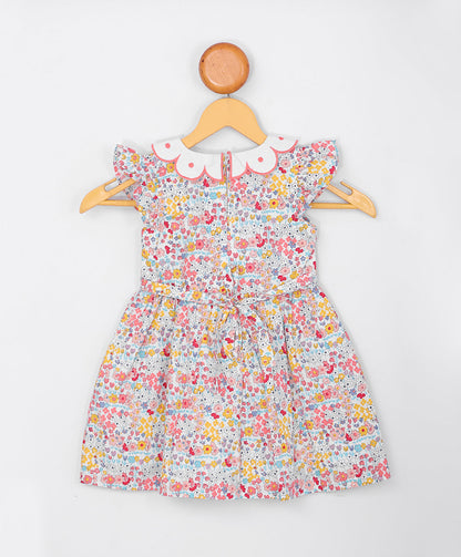 Enfance  Half Sleeves All Over Printed Floral Applique Dress-Yellow