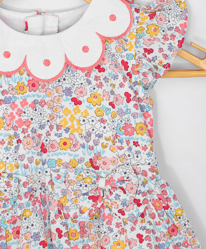 Enfance  Half Sleeves All Over Printed Floral Applique Dress-Yellow