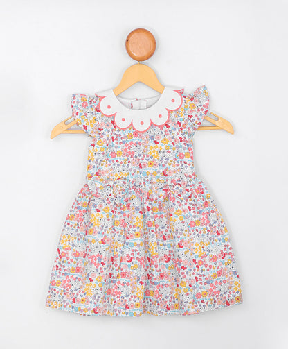 Enfance  Half Sleeves All Over Printed Floral Applique Dress-Yellow