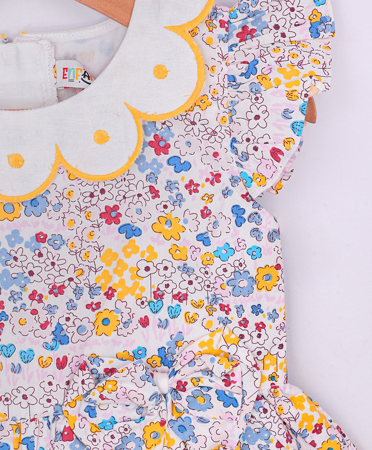 Enfance  Half Sleeves All Over Printed Floral Applique Dress-Orange