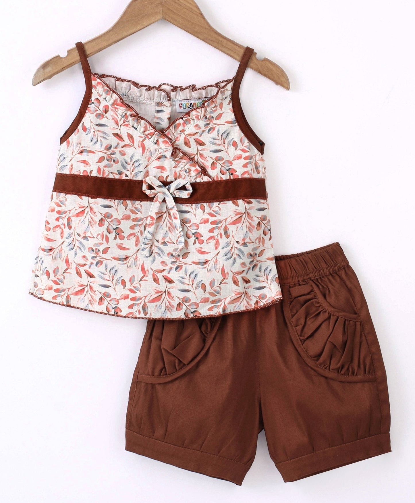Enfance Sleeveless Floral Print Top With Shorts-Brown