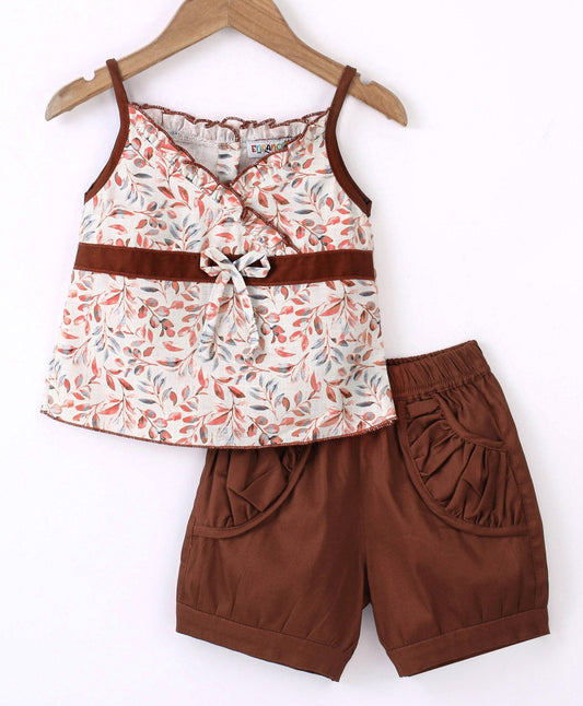 Enfance Sleeveless Floral Print Top With Shorts-Brown