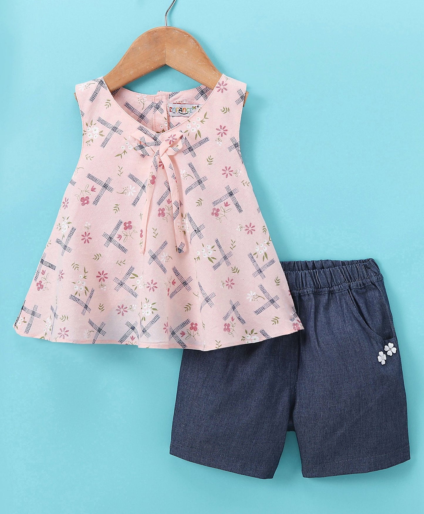 Enfance Sleeveless Floral Print Top With Shorts-Peach