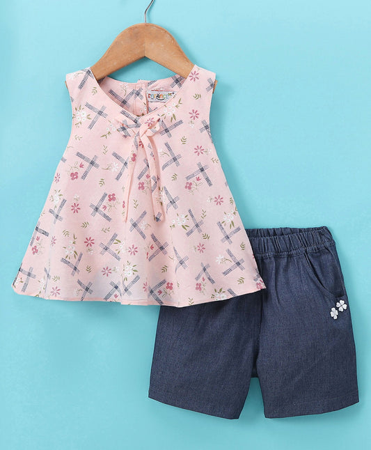Enfance Sleeveless Floral Print Top With Shorts-Peach