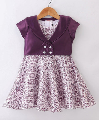 Enfance Core Floral Print Dress With Half Sleeves Jacket-Purple