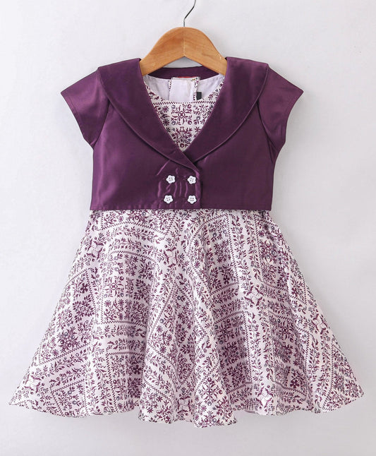 Enfance Core Floral Print Dress With Half Sleeves Jacket-Purple