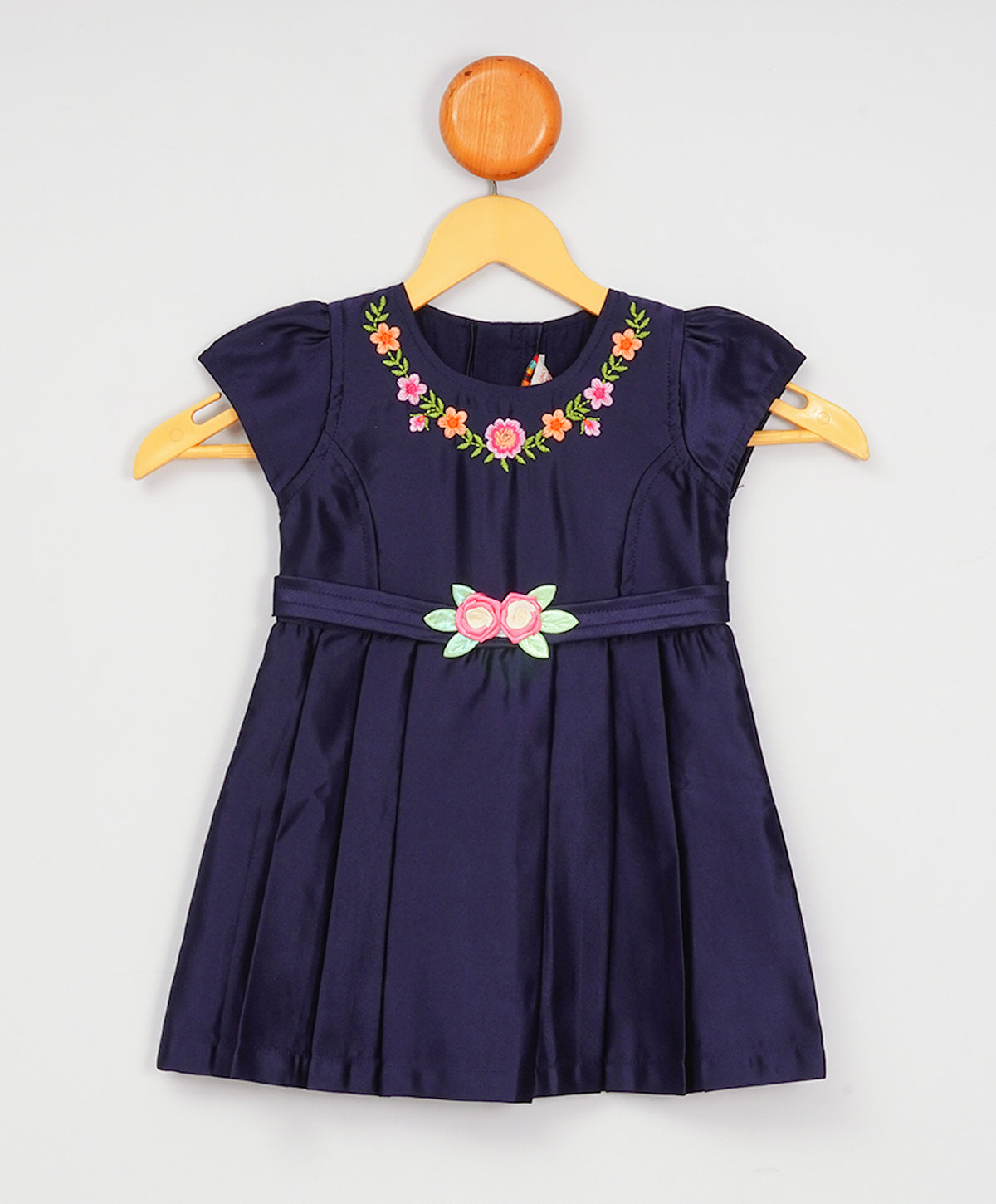 Enfance Short Slevees Solid Flared Casual Dress -Navy
