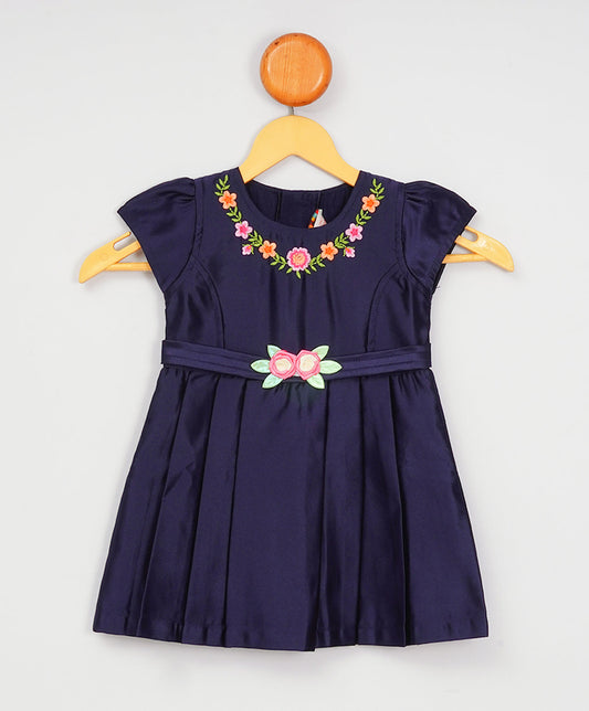 Enfance Short Slevees Solid Flared Casual Dress -Navy