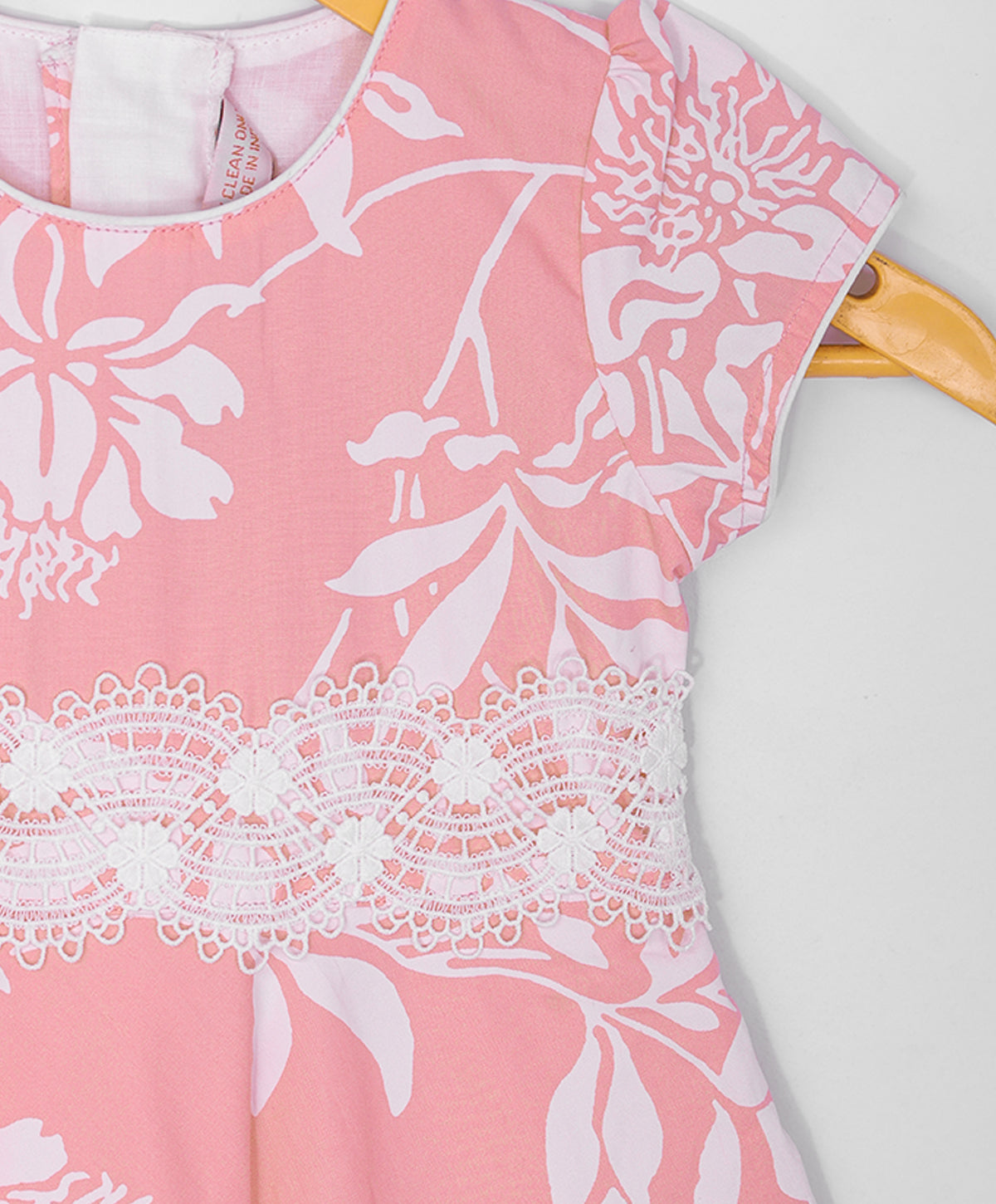 Enfance  Half Sleeves All Over Leaves Printed Floral Applique Dress-Peach
