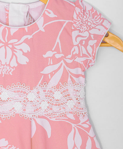 Enfance  Half Sleeves All Over Leaves Printed Floral Applique Dress-Peach