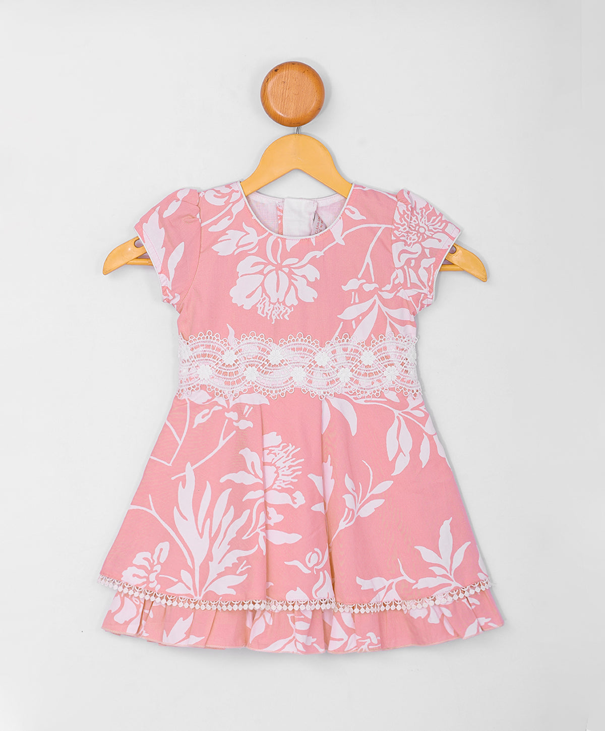 Enfance  Half Sleeves All Over Leaves Printed Floral Applique Dress-Peach