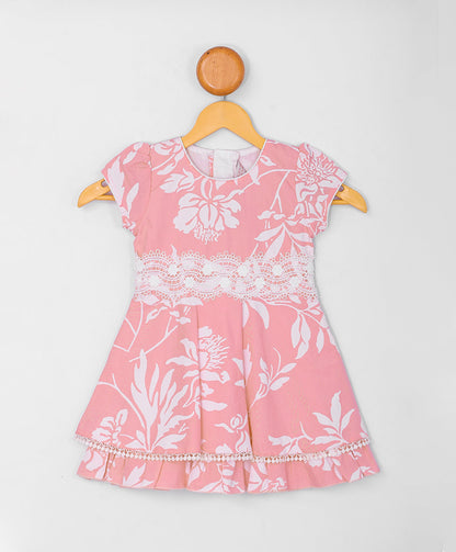 Enfance  Half Sleeves All Over Leaves Printed Floral Applique Dress-Peach