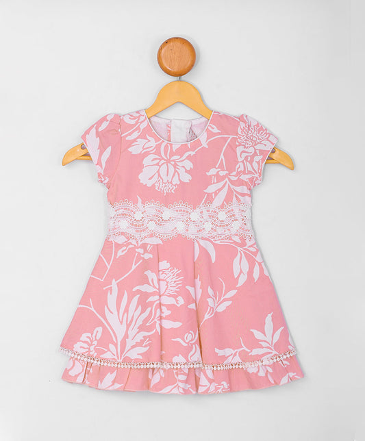 Enfance  Half Sleeves All Over Leaves Printed Floral Applique Dress-Peach