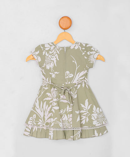 Enfance  Half Sleeves All Over Leaves Printed Floral Applique Dress-Green