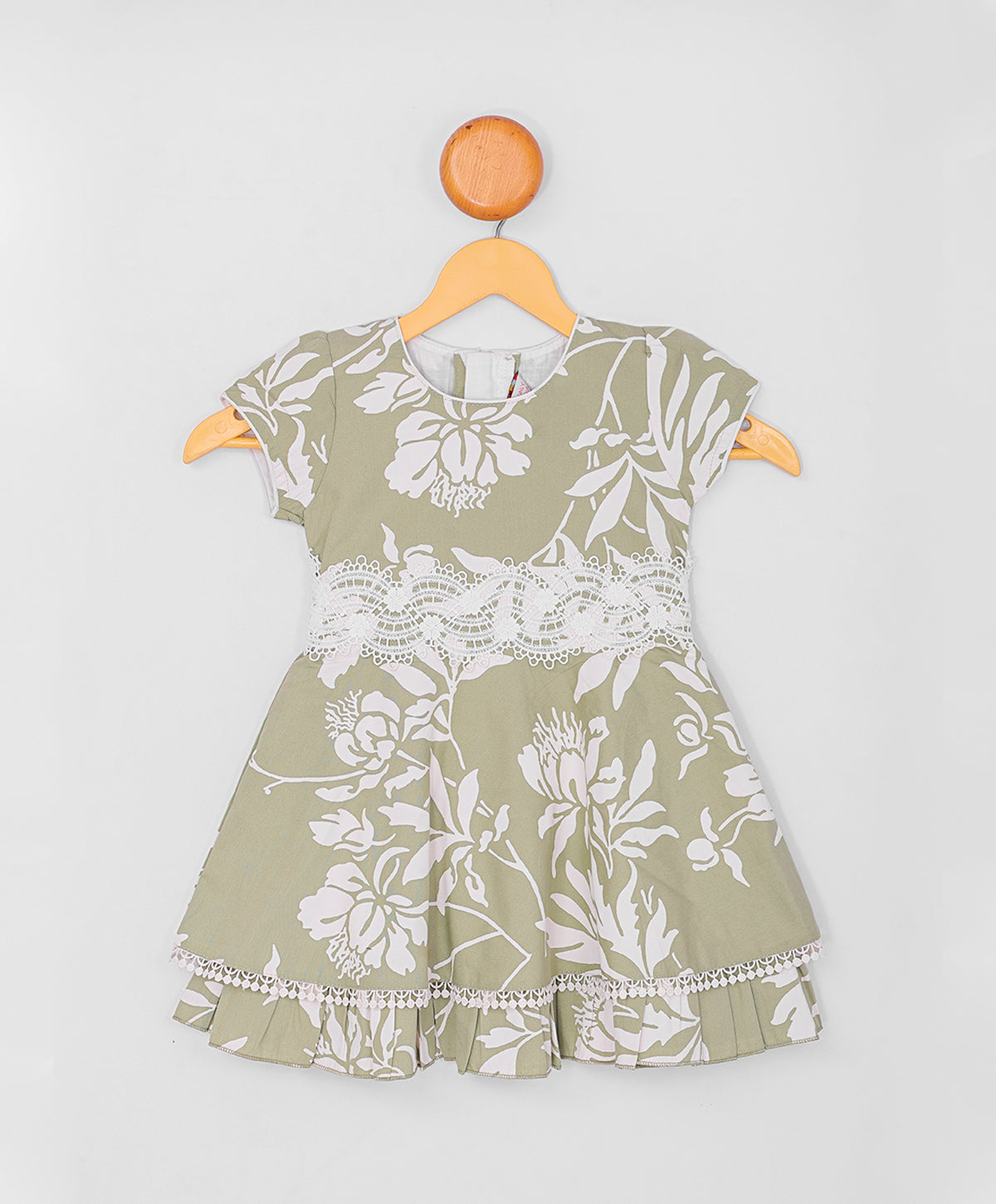 Enfance  Half Sleeves All Over Leaves Printed Floral Applique Dress-Green