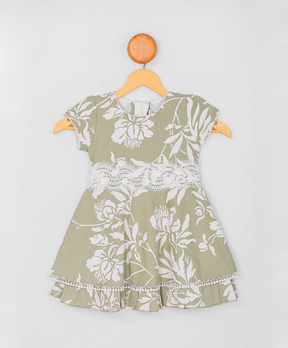 Enfance  Half Sleeves All Over Leaves Printed Floral Applique Dress-Green