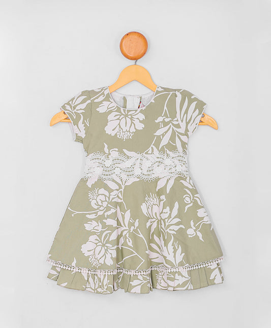 Enfance  Half Sleeves All Over Leaves Printed Floral Applique Dress-Green