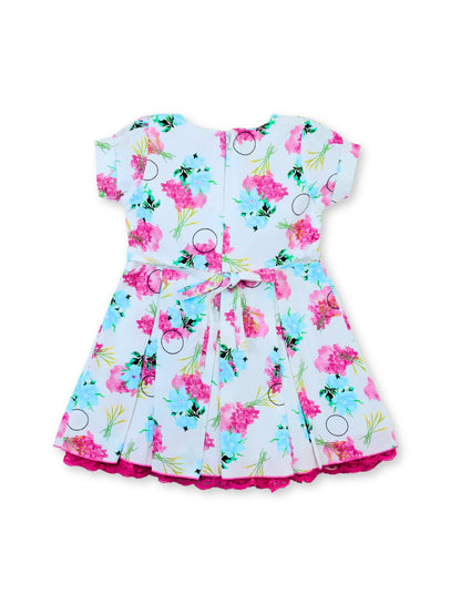 Enfance Short Sleeves Floral Applique & Printed Dress - Pink