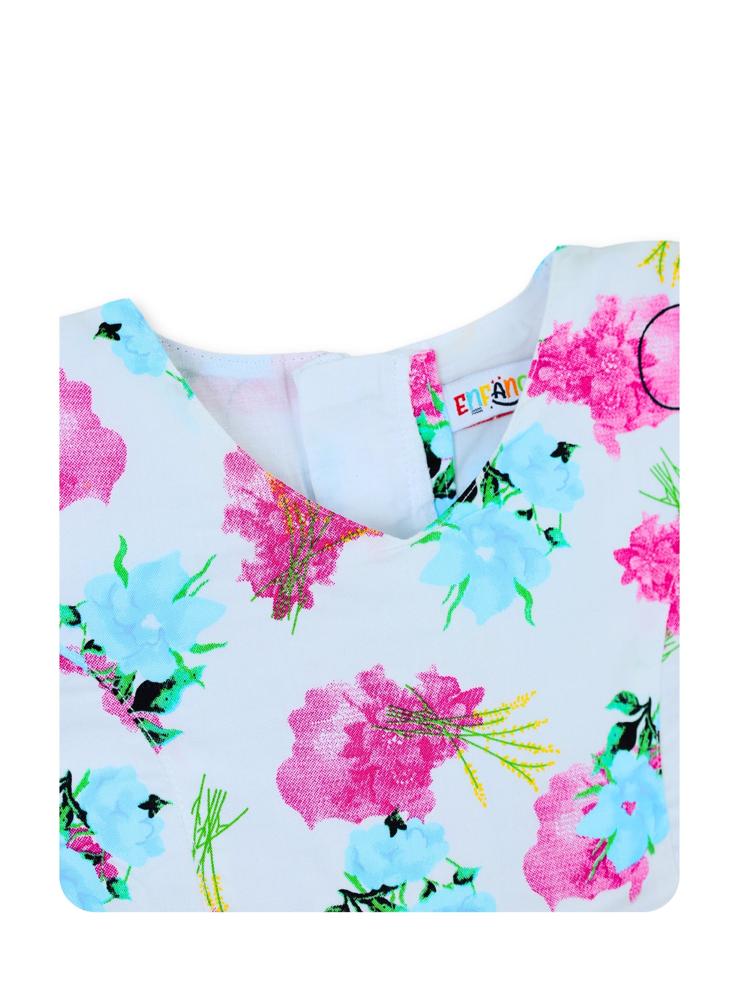 Enfance Short Sleeves Floral Applique & Printed Dress - Pink