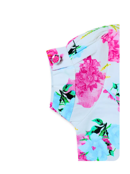 Enfance Short Sleeves Floral Applique & Printed Dress - Pink