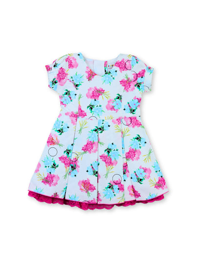 Enfance Short Sleeves Floral Applique & Printed Dress - Pink