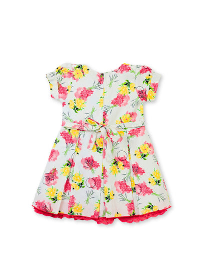 Enfance Short Sleeves Floral Applique & Printed Dress - Red