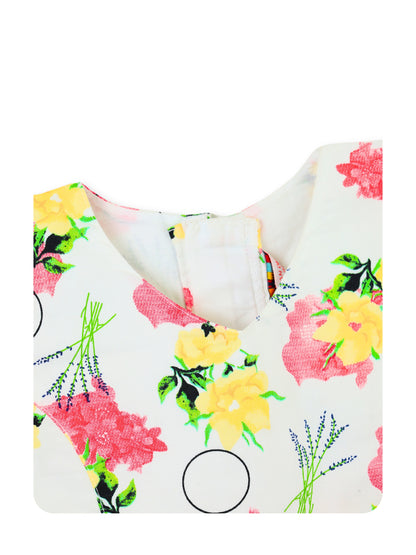 Enfance Short Sleeves Floral Applique & Printed Dress - Red