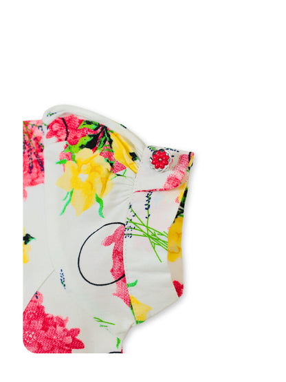 Enfance Short Sleeves Floral Applique & Printed Dress - Red