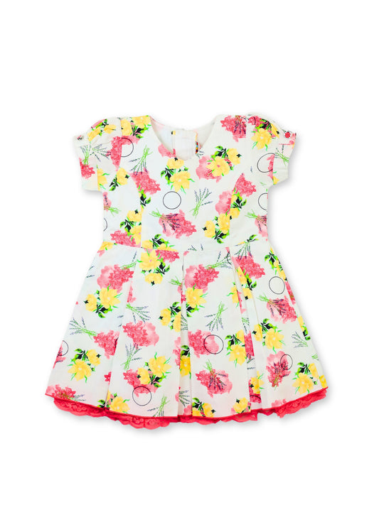 Enfance Short Sleeves Floral Applique & Printed Dress - Red
