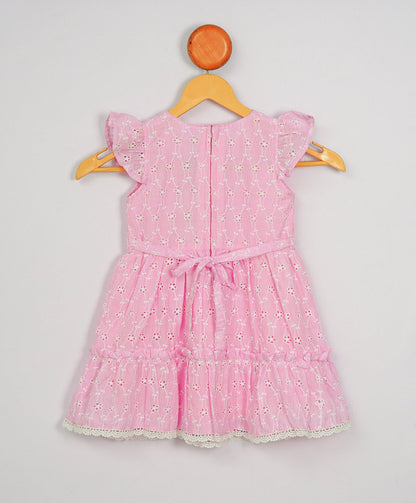 Enfance Short Slevees Flower Embroideries Casual Dress -Pink