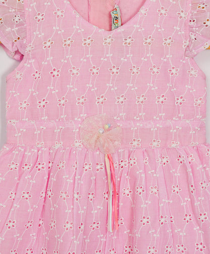 Enfance Short Slevees Flower Embroideries Casual Dress -Pink