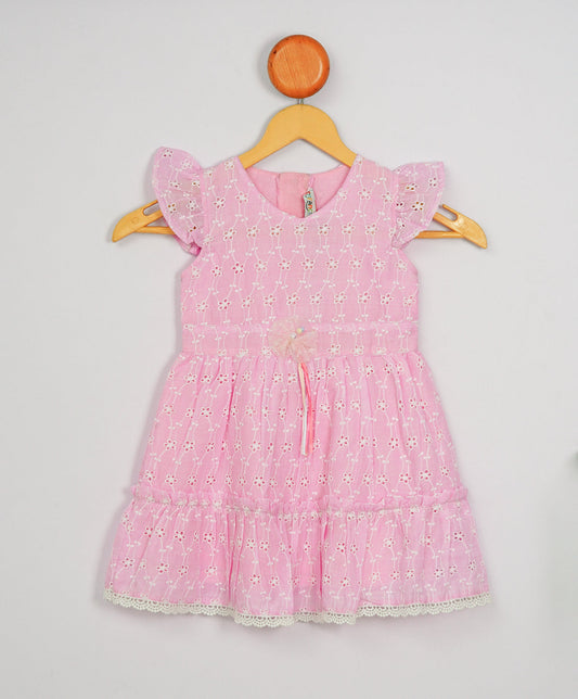 Enfance Short Slevees Flower Embroideries Casual Dress -Pink