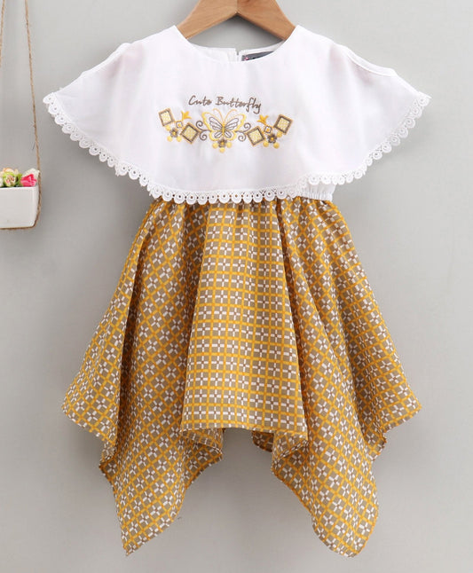 Enfance Half Sleeves Butterfly Embroidered Checked Asymmetrical Poncho Dress -Yellow