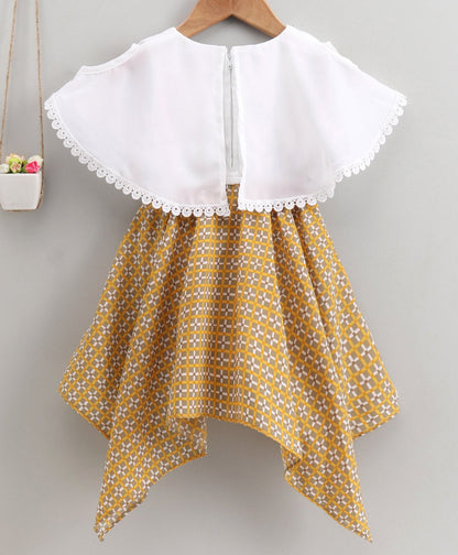 Enfance Half Sleeves Butterfly Embroidered Checked Asymmetrical Poncho Dress -Yellow