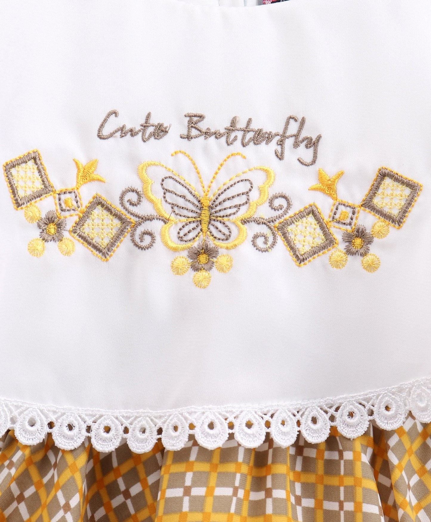 Enfance Half Sleeves Butterfly Embroidered Checked Asymmetrical Poncho Dress -Yellow