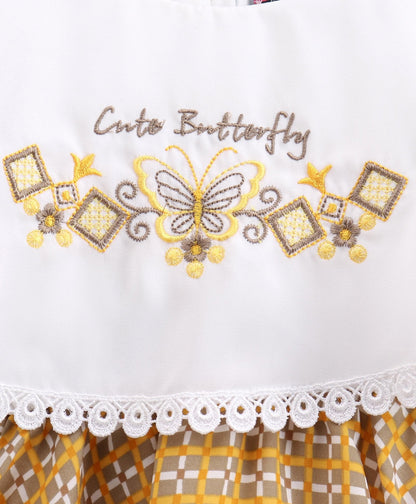 Enfance Half Sleeves Butterfly Embroidered Checked Asymmetrical Poncho Dress -Yellow