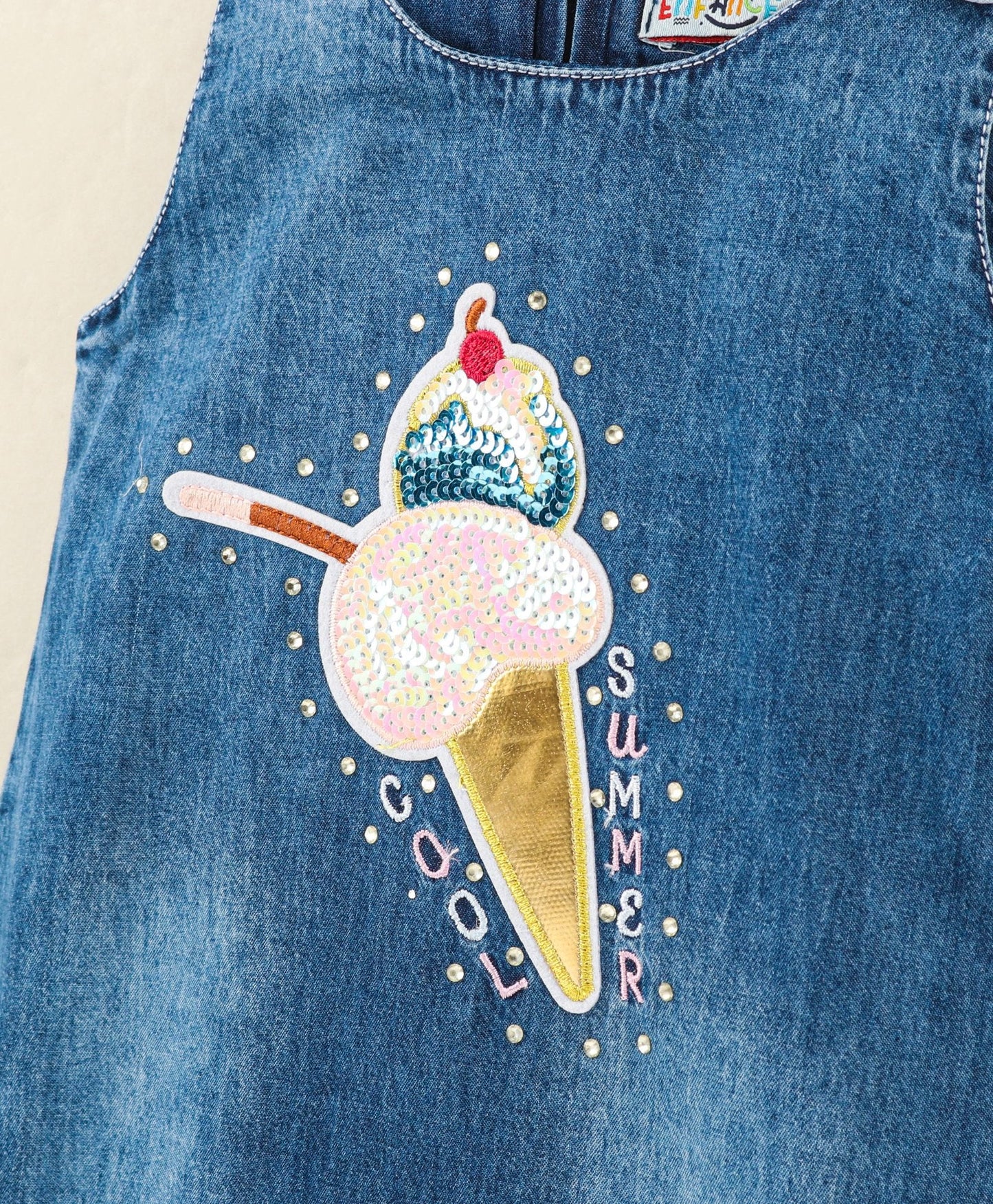 Enfance  Sleeveless Ice Cream Applique Denim Dress - Blue